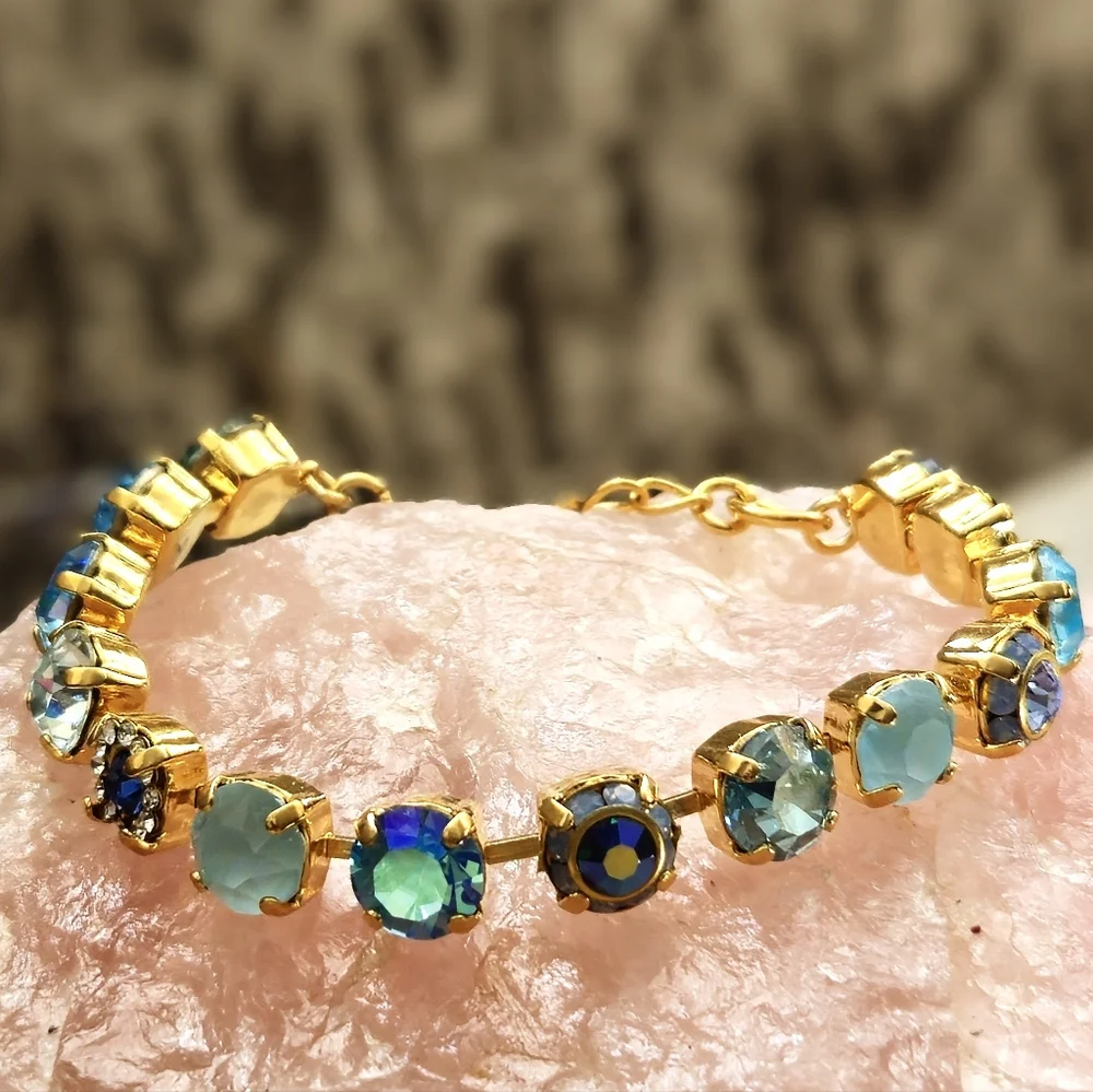 Aquamarine Light Blue Flower Crystals AB In Classic Tennis Gold Plated Bracelet
